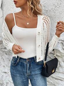 Lightweight Women's Short Cardigan, Long Sleeve Design, Hollow-Out Knit Fabric - White - View 5