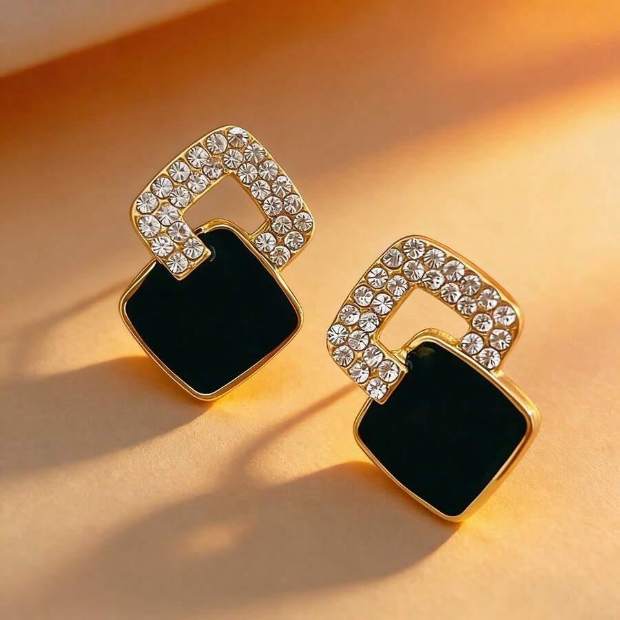 1 Đôi bông tai bạc S925 cao cấp hình vuông màu đen đính đá Cubic Zirconia, món quà trang sức thanh lịch dành cho phái nữ. - Vàng - Xem 1