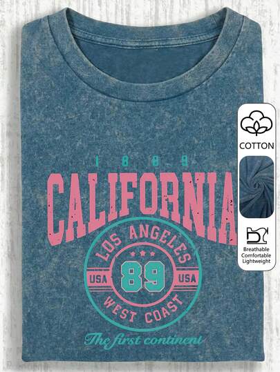 加州洛杉矶89号西海岸美国大码女装1889复古图案圆领短袖休闲春夏秋季大码T恤，返校夏季服装，夏季服装，夏季度假装，夏季上衣