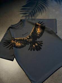 FRACTYR Men's Summer Casual Street Fashion Gold Foil Eagle & Freedom Text Reversible Design Loose Fit Printed Round Neck Short Sleeve T-Shirt - Dark Grey - View 7