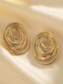1 Pair Minimalist Vintage Exaggerated Oval Spiral Design Stainless Steel Stud Earrings, Perfect For Women's Daily Wear, Party Outfits And Holiday Gifts - Gold - View 5