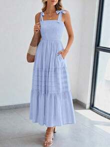 Women's Boho A-Line Maxi Dress, Summer Sleeveless Tie Shoulder Smocked High Waist Long Sundress With Pockets, Casual Dress For Beach Vacation & Holiday Outings - Light Blue - 查看 4