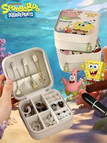 SpongeBob SquarePants 1 pieza Caja de joyería de cuero con 4 compartimentos con temática de Bob Esponja, caja de almacenamiento de joyería de escritorio de lujo con múltiples compartimentos, ranuras para tarjetas y estilo de anime de Bob Esponja en colores aleatorios, caja de almacenamiento portátil y apilable para joyas, pendientes, collares, pulseras y accesorios, caja de almacenamiento esencial para damas - Multicolor - Ver 4