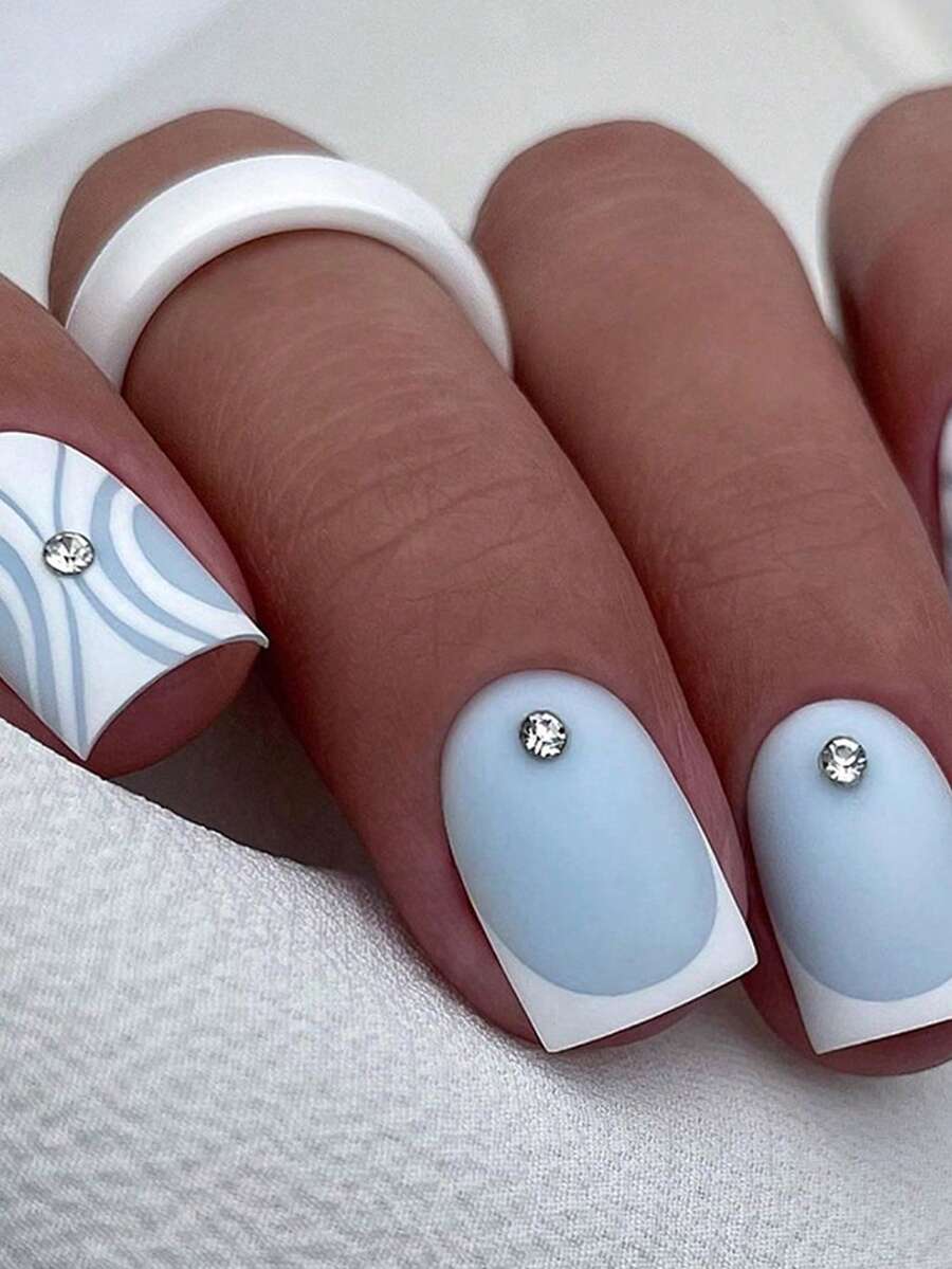 24pcs Square Press-On Nails Set, Blue & White Wave Pattern Decorated With A Small Clear Crystal, Fresh And Clean Light Blue French Manicure Style, Minimalist And Elegant, Suitable For Daily Commute Or Soft Style Outfits - Multicolor - View 1