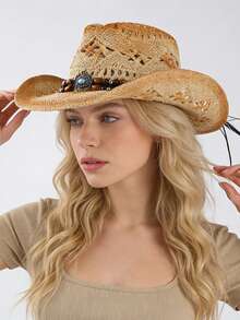 1pc Women's Outdoor Beach Western Hat, Sun-Shading Straw Hat, Bohemian Panama British Gentleman Hat, High-End Suitable For Beach Vacation,Holiday,Travel - MZ3050+ML49 - View 6