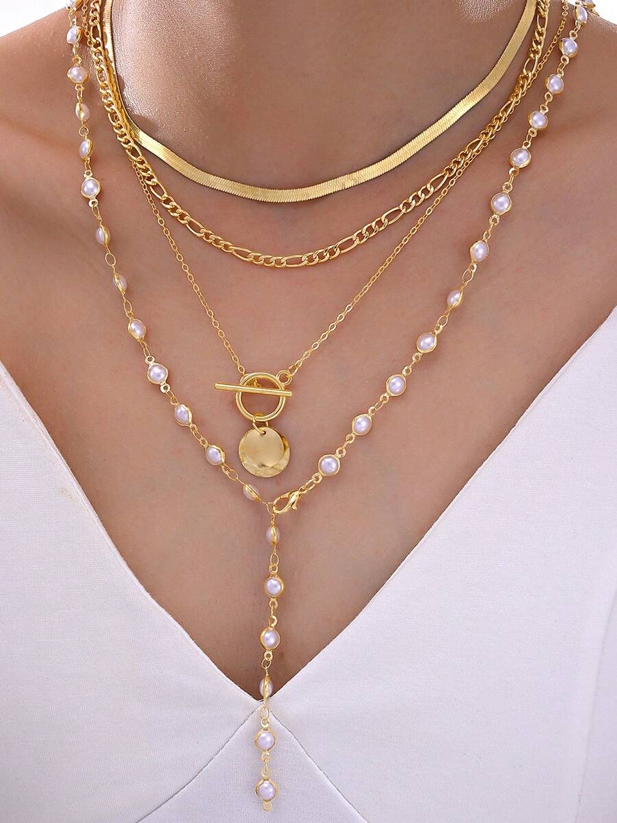 4pcs/Set Minimalist Sequin Faux Pearl Snake Chain Tassel Multilayer Y-Necklace Set, Suitable For Date, Vacation, Daily, Party, Wedding, Gift For Mom, Friend