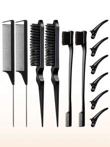 12件套女孩美发梳套装，尼龙材质，三排沙龙级蓬松梳，双面光滑梳理梳，带鸭嘴夹的尖尾梳，专为女孩设计 - 彩色 - 查看 12