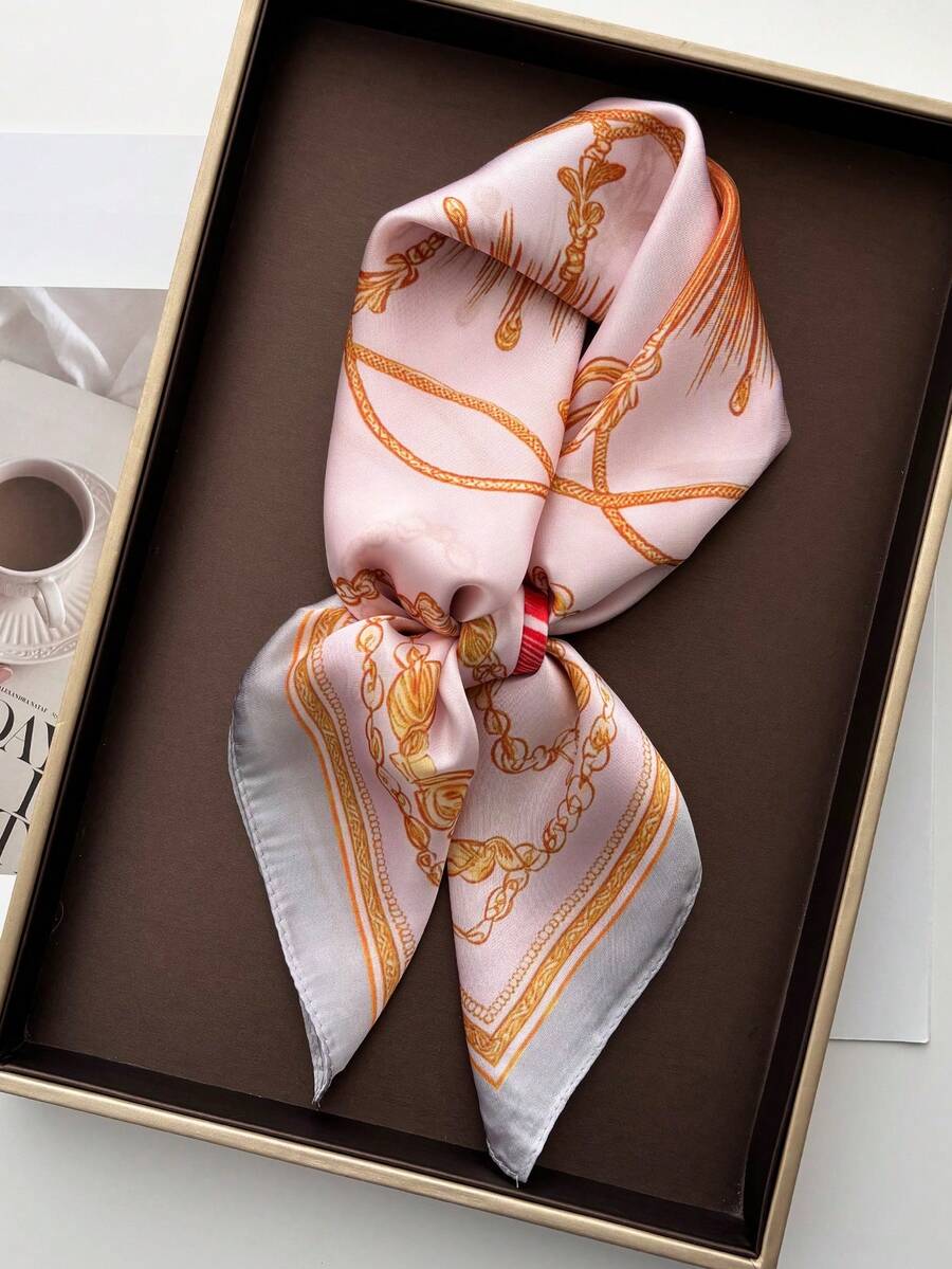 1pc Chain Print Beach Square Scarf, Women's Satin Bandana Print Scarves, Fashion Head Band, Lady Hair Shawl And Wrap, Female Neckerchief Hijab - Dusty Pink - View 1