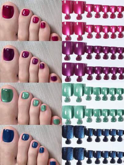 96pcs (4 Styles) Short Square Press-On Toenails, Y2K Crystal Cat Eye Reusable Toenails, Comes With Nail File & Gel, Storage Box For Daily Life & Beach Travel, Suitable For Girls & Women