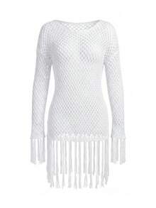 Áo khoác ngoài tay dài dáng rộng, thoải mái, có tua rua, dành cho nữ, kiểu dáng thường ngày. - trắng - Xem 5