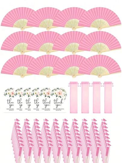 Gift For Her/Him 3/15/30pcs/Set, Pink Wedding Paper Fan Set, Folding Fans With Thank You Tags And Tulle Bags, Bridesmaid Gifts, Suitable For Wedding Decorations, Bachelor Party Photo Props, Perfect Wedding Favors, Ideal For Gatherings And Events