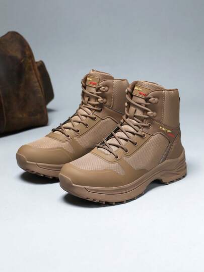 1 Pair Men's High-Top Tactical Boots | Side Zipper + Lace-Up Design | Fabric Patchwork Upper | Durable Rubber Outsole | Military Style Work Boots For Outdoor Hiking & Trekking | Multi-Color Options | Comfortable For All Seasons