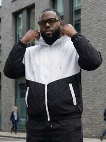 Plus Size Hooded Sports Jacket, Thin Color Block Hooded Sports Coat, Suitable For All Seasons - Black and White - View 1