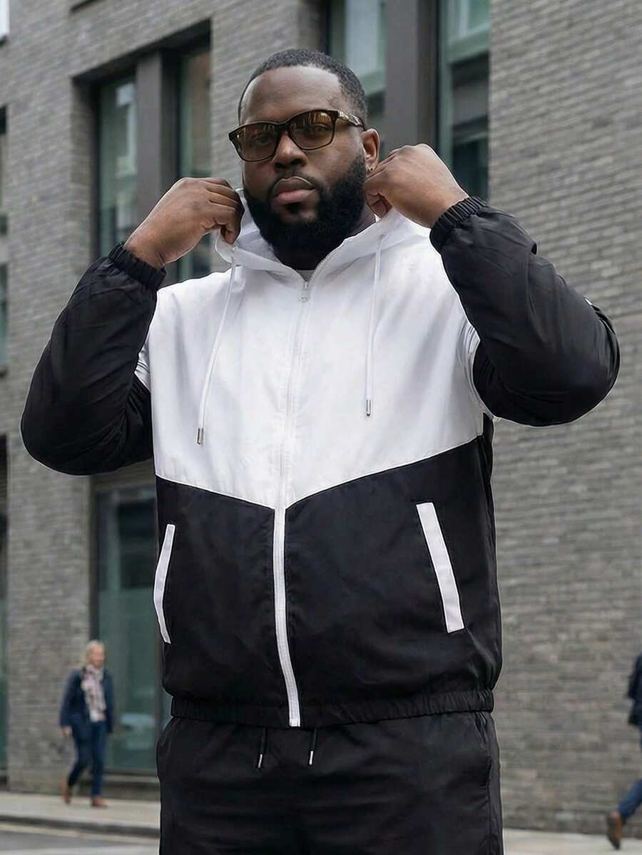 Plus Size Hooded Sports Jacket, Thin Color Block Hooded Sports Coat, Suitable For All Seasons - Black and White - View 1