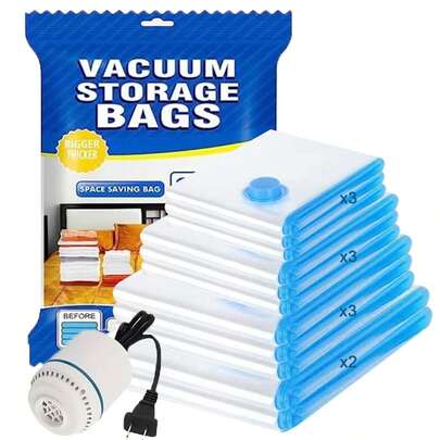 Paquete de 12 bolsas de almacenamiento al vacío - Con bomba eléctrica reutilizable para ahorrar espacio, bolsas de compresión de alta capacidad