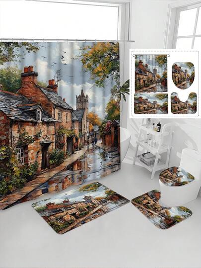 1/4pcs Knutsford Pebble Street Scene Printed Waterproof Bathroom Curtain Set, Tranquil & Healing, Waterproof & Mildew Resistant, Thick Polyester, No Drilling Installation, Anti-Slip Mat, Absorbent Toilet Pad, Digital Printing, Fade Resistant, Machine Washable, All Season, Holiday Limited Edition
