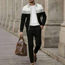 2025 Men's Autumn Waffle Color Blocked Zipper Pocket Lapel Slim Fit Cardigan Men's Jacket Set - Grey - View 1