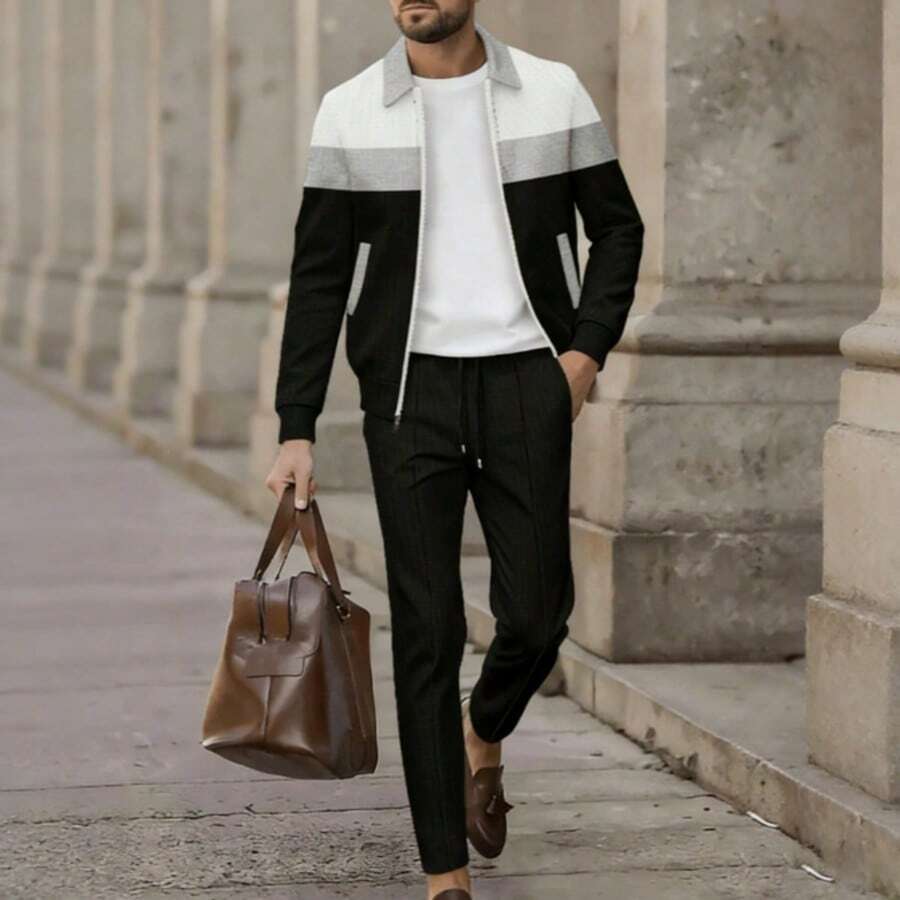 2025 Men's Autumn Waffle Color Blocked Zipper Pocket Lapel Slim Fit Cardigan Men's Jacket Set - Grey - View 1
