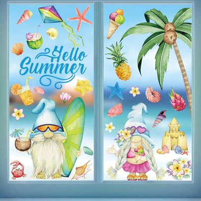 2pcs Summer Beach Gnome Window Stickers - Made Of PVC, Reusable; Window Decor For Home And Beach House Decoration, Tropical Coastal Summer Stickers