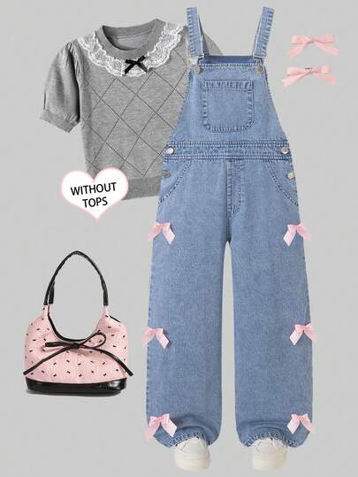 2026 Summer New Arrival Big Girls' Blue Denim Overalls, Loose Straight Leg Jumpsuit With Bow Decor