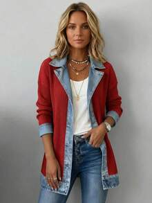 Women's Patchwork Design Coat, New Autumn Arrival, Elegant Slim Fit Long Sleeve, European & American Style - Đỏ - Xem 2