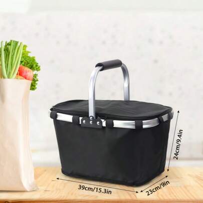 A Large Foldable Shopping Basket With A Handle, Suitable For Picnics Or As A Container.