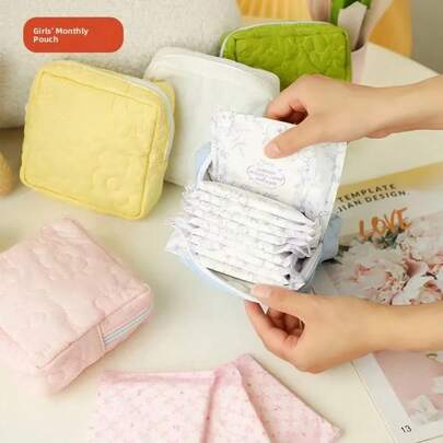 Soft Skin-Friendly Pure Color Menstrual Pad Storage Bag Accessories Cream Color Quilting Coin Purse Sanitary Napkin Portable