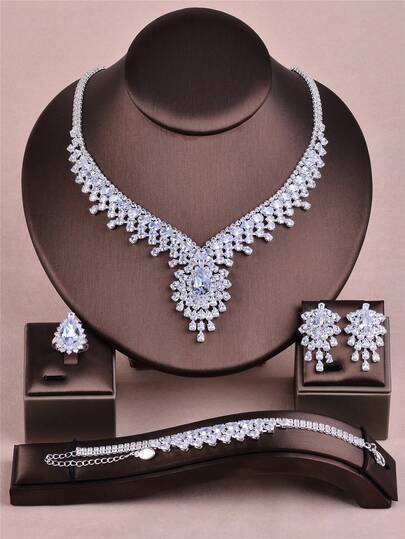 CORUIXI 4pcs Women's Elegant Jewelry Set - Silver Teardrop Zirconia Necklace, Bracelet, Earrings, Ring, Shiny Accessories For Wedding, Party, Birthday