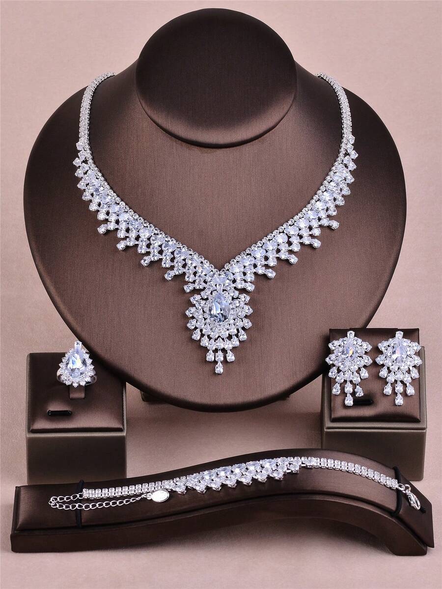 CORUIXI 4件套女士优雅首饰套装 - 银色水滴形锆石项链、手链、耳环、戒指，闪亮配饰，适合婚礼、派对、生日等场合 - 銀色 - 查看 1