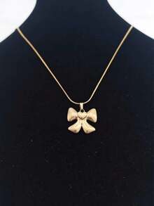 1pc Cute 18K Gold Plated Stainless Steel Heart & Bow Pendant Necklace, Unisex Daily Wear - Yellow Gold - View 2