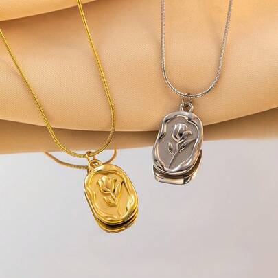 1件浮雕郁金香项链，时尚独特的高端钛钢不褪色项链，女士款，适合日常佩戴