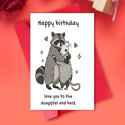 1张浣熊和负鼠拥抱的垃圾桶浪漫语录卡片，另类情人节礼物，闺蜜生日礼物，搞笑啮齿动物插画，新奇文具，玩笑周年纪念卡