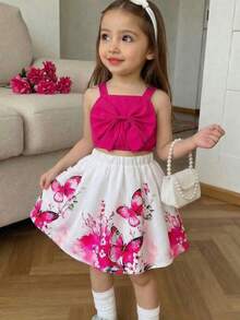 2pcs/Set Young Girls Cropped Top With Big Bow Strap & Butterfly Print Skirt, Fashionable & Elegant, Sweet & Cute Lady Princess Dress, Suitable For Birthday Party, Outing, Gathering - Red and White - View 2