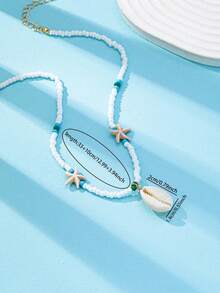 1 pieza Collar con colgante de estrella de mar y concha de estilo bohemio de verano, collar de cuentas de semillas naturales para mujer, adecuado para vacaciones y uso diario - Collar de conchas de estrella de mar con cuentas - Ver 3