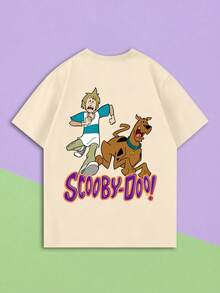 Whysmera SHEIN X SCOOBY-DOO Women's/Men's Oversize Short Sleeve T-Shirt, Playful Cartoon Running Duo Fun Print, American Retro Nostalgic Style, Versatile Casual Top For Halloween Outfits, Music Festivals, Anime Fan Gatherings, Campus Daily, Street Fashion - Apricot - View 2