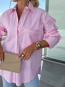 1pc Polyester Striped Asymmetric/Asymmetrical Pocket Blouse Top, Casual Office Wear For Spring, Summer, Autumn, Women's Versatile Work Attire, Summer Pink Outfit, Commute Casual Shirt - Pink - View 5
