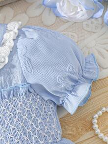 女童公主风彼得潘领荷叶边蝴蝶提花短袖连衣裙，休闲日常穿着，夏季 - 淺色水洗藍 - 查看 4