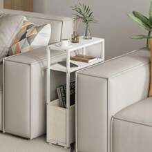 Mesa auxiliar estrecha mesas auxiliares delgadas con cesta de tela mesa delgada para espacios pequeños mesita de noche delgada para sala de estar dormitorio 1 Blanco + Marrón Camel - Blanco Camel Brown - Ver 4