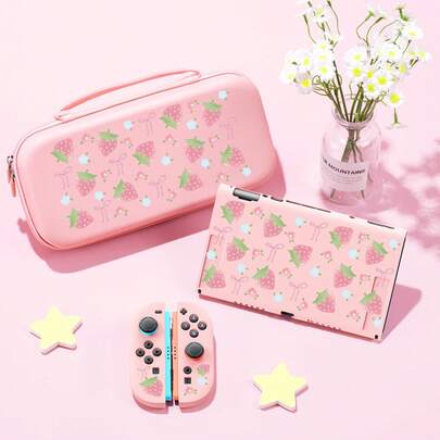 Cute Pink Floral Strawberry Bow Design Switch2 (2025)/Switch NS/Switch OLED Compatible Game Console Accessories Set, Game Console Protective Case/Storage Bag, TPU Soft Shell, Pink/White, Stylish And Practical, Portable Stand, Portable Travel, Anti-Fall Anti-Scratch, Anti-Fouling, Fashionable Romantic Gift