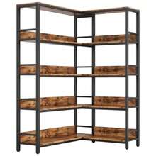 Corner Shelf 5 Tiers 70LB Capacity L-Shaped Bookshelf with Baffles and Metal Frame for Home Office Living Room Kitchen Storage and Display - Marrón vintage - Ver 2
