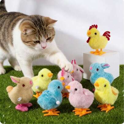 Juguetes de animales a cuerda, pollito, conejo, gato lindos, juguetes para mascotas, sin batería necesaria, el devanado manual los hace moverse, aportan curiosidad y diversión para sus mascotas (color aleatorio)