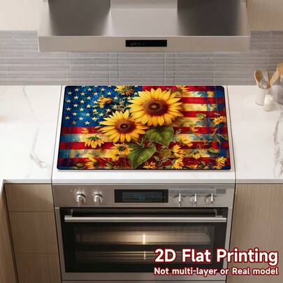 2D Flat Printing,1pc,Stove Panel Protector, Furnace Cover Protection Mat Vibrant Sunflower Patriotic For Spring And July 4th Flag Decoration, Perfect For Multipurpose For Oven,Washing Machine, Dryer, Furnace Panel Protection Mat,,Glass Stovetop Guard