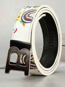 男士黑色B型扣棘轮腰带 - 白色卡通鲨鱼印花可调节滑扣腰带 - 彩色 - 查看 4