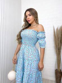 Women's Short Dress With Elasticated Sleeves/Off-The-Shoulder/Floral/Print/Sizes 36-42 - 071-藍色 - 查看 1
