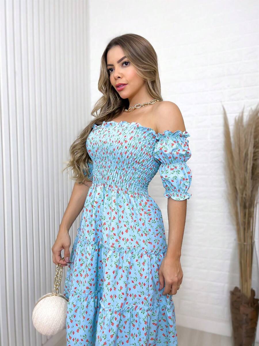 Women's Short Dress With Elasticated Sleeves/Off-The-Shoulder/Floral/Print/Sizes 36-42 - 071-藍色 - 查看 1