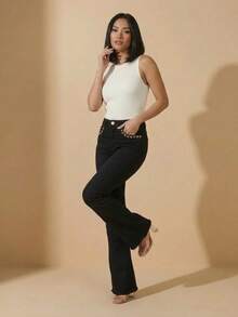 pthirillo Women's Black Flare Jeans With High-Waisted Butt-Lifting Effect And Rhinestone Detail. - 我口袋裡的水鑽 - 查看 10