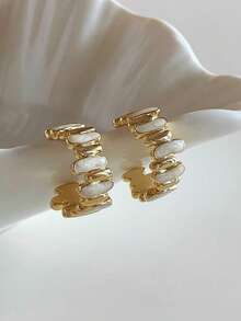 1 Pair Minimalist Elegant Asymmetrical Geometric White Enamel Dangle Earrings, Niche High-End Casual Daily Wear For Women - Golden Yellow+White - View 8