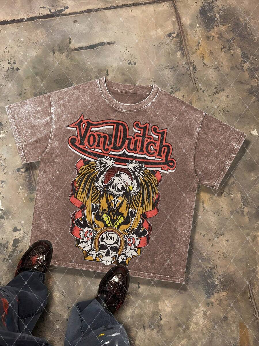 Van Dutch Eagle Skull Graphic Men's 230g Combed Washed Cotton T-Shirt, Street Short-Sleeve Top, American Gothic Biker Style Apparel, Spring Summer Crew Neck Top, Suitable For Summer Daily Casual Wear - Cà phê nâu - Xem 1