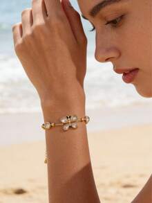 Vòng tay hình bướm và cỏ ba lá mạ vàng 18K đính pha lê, phong cách Bohemian, trang sức mùa hè đi biển, dây chuyền thép không gỉ có thể điều chỉnh. - Vàng - Xem 5