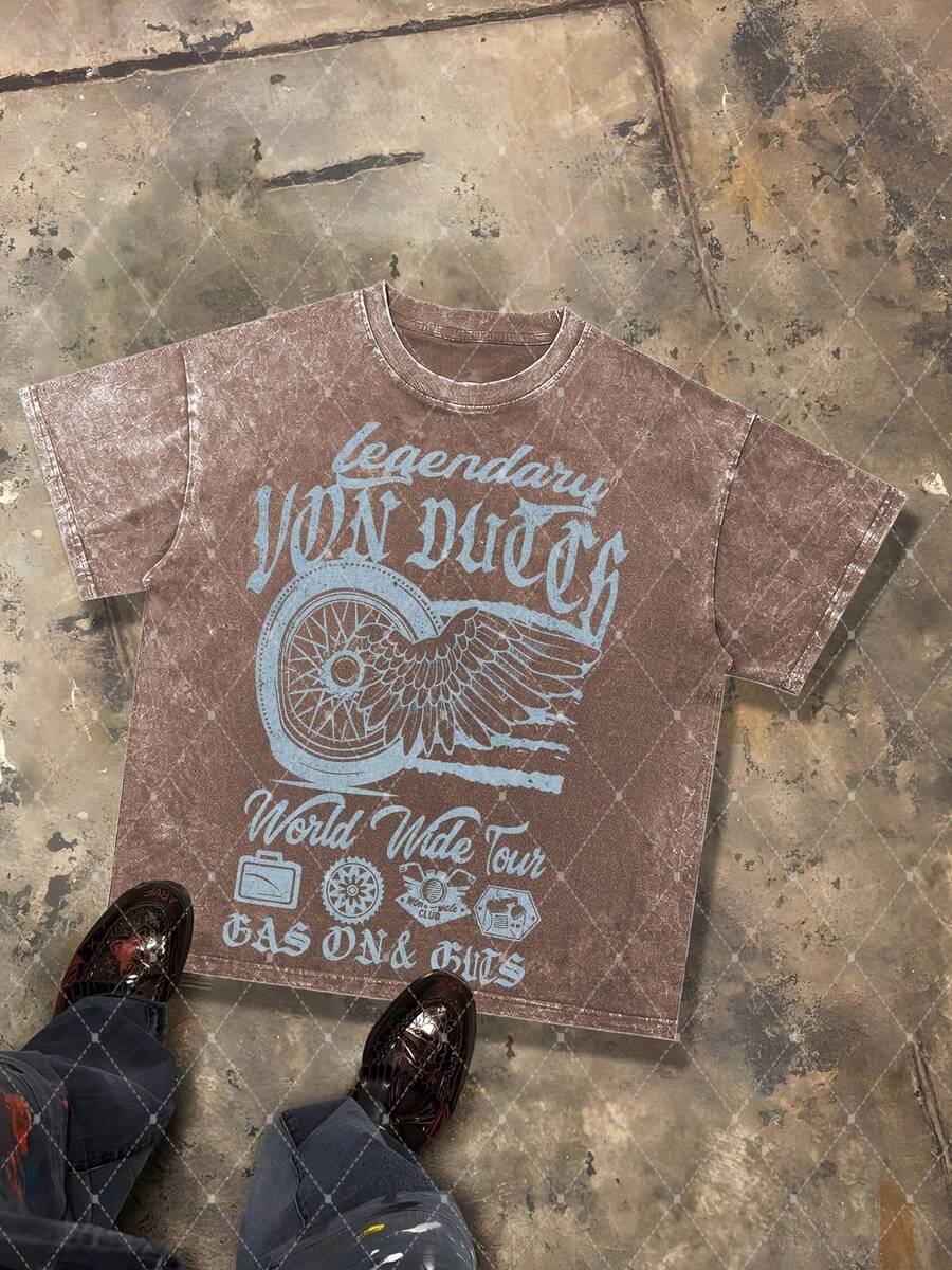 CHAOSHU Van Dutch Legendary World Wide Tour Wheel Wing Blue Graphic Men's 230g Combed Washed Cotton T-Shirt, Street Short-Sleeve Top, American Moto Retro Style Apparel, Spring Summer Crew Neck Top, Suitable For Summer Daily Casual Wear - Cà phê nâu - Xem 1